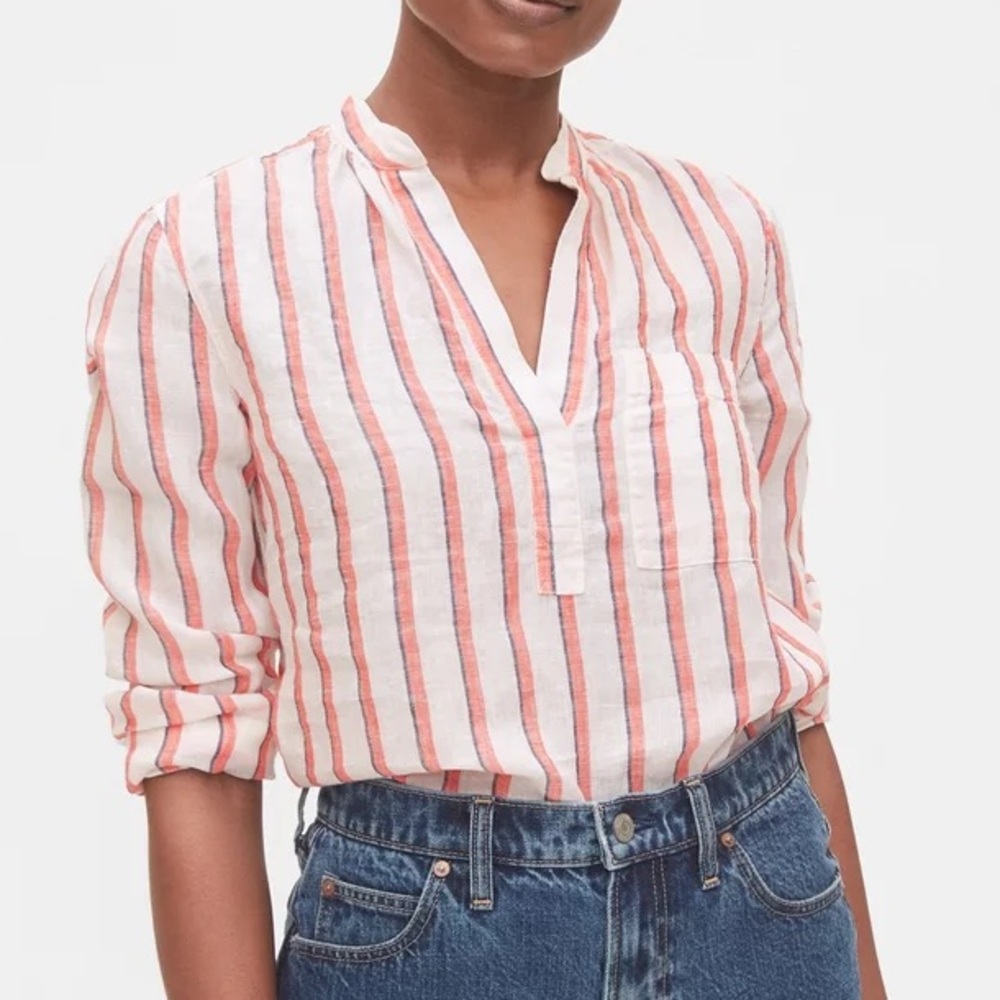 Gap Red White Blue Stripes Long Sleeve V Neck Pop Over Tunic 100% Linen Sz Large